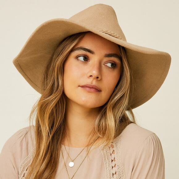 ASN Harper Boho Western Braided Floppy Tan Felt Hat Festival Hippie Boater - Picture 7 of 7